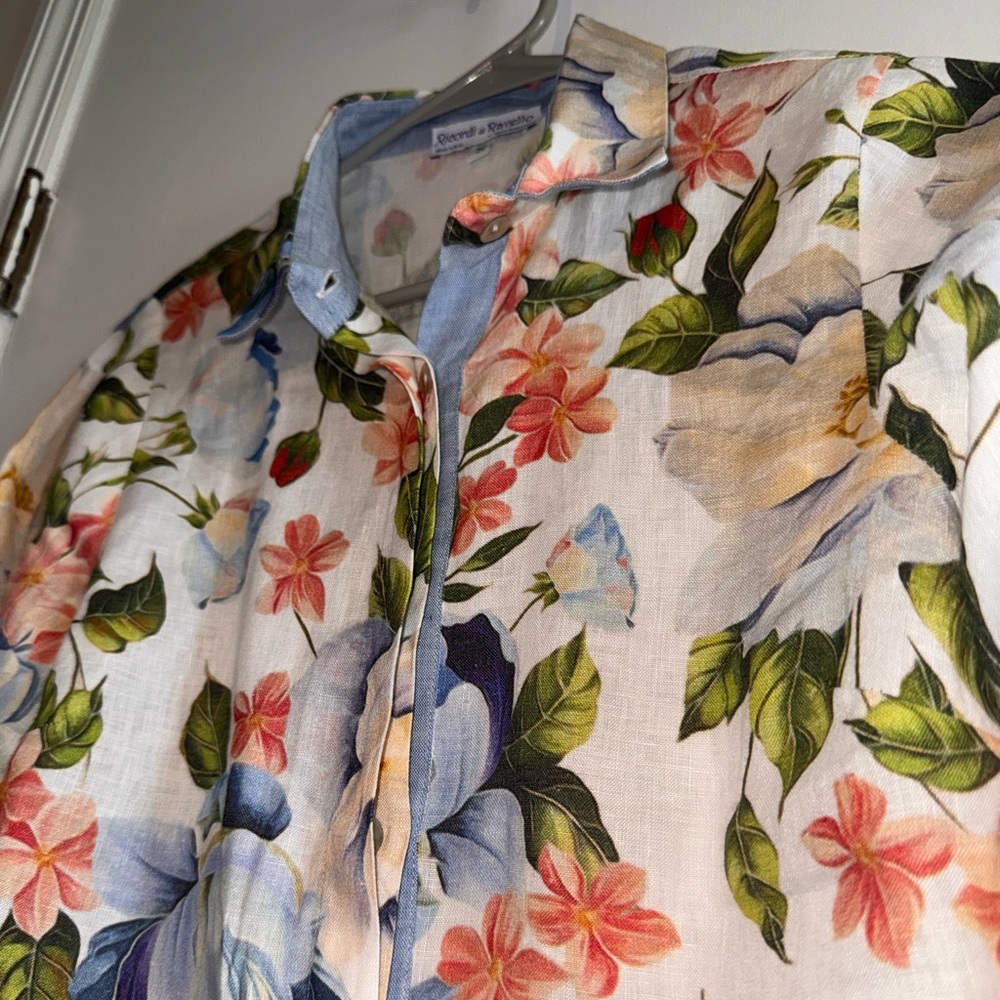 100% Linen Ricordi Di Ravello Floral Button-Up Shirt Made in Italy